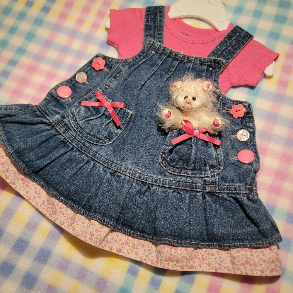 KAHN LUCAS 🎀 Floral Ruffled Trim Buttons 'n Bows Blue Jean Skirt Overalls 0-3M
